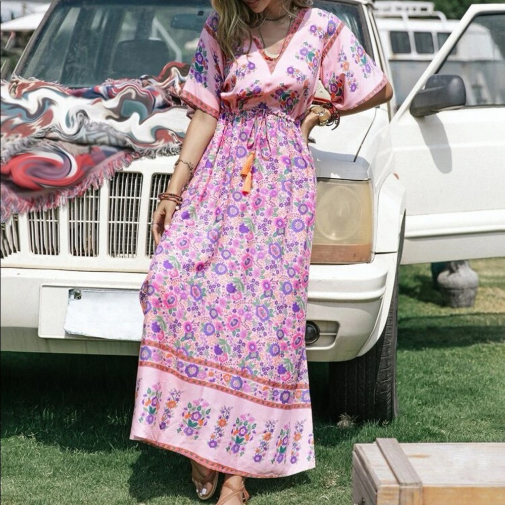 Bohemian Floral print split thigh draw string waist dress - Picture 4 of 7